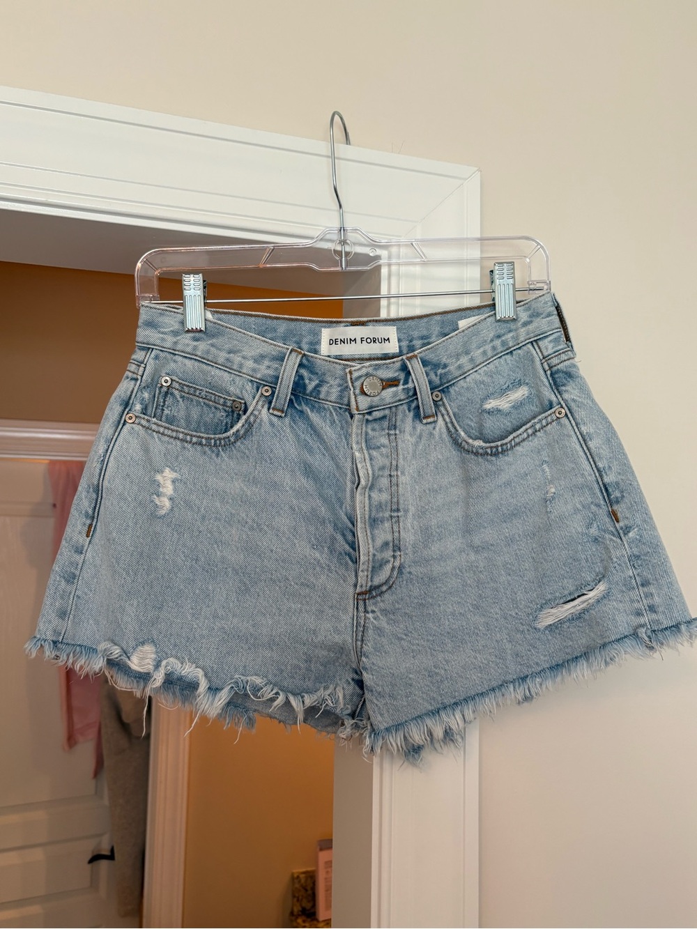 Denim Forum light wash ex boyfriend jean shorts